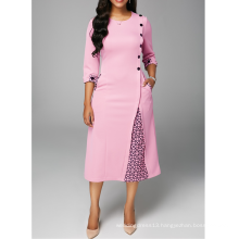 Button 3/4 Sleeve Plus Size Print Pocket Irregular Lady Casual Dresses